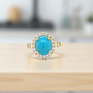 Sleeping Beauty Turquoise and White Zircon Ring in 10kt Yellow Gold